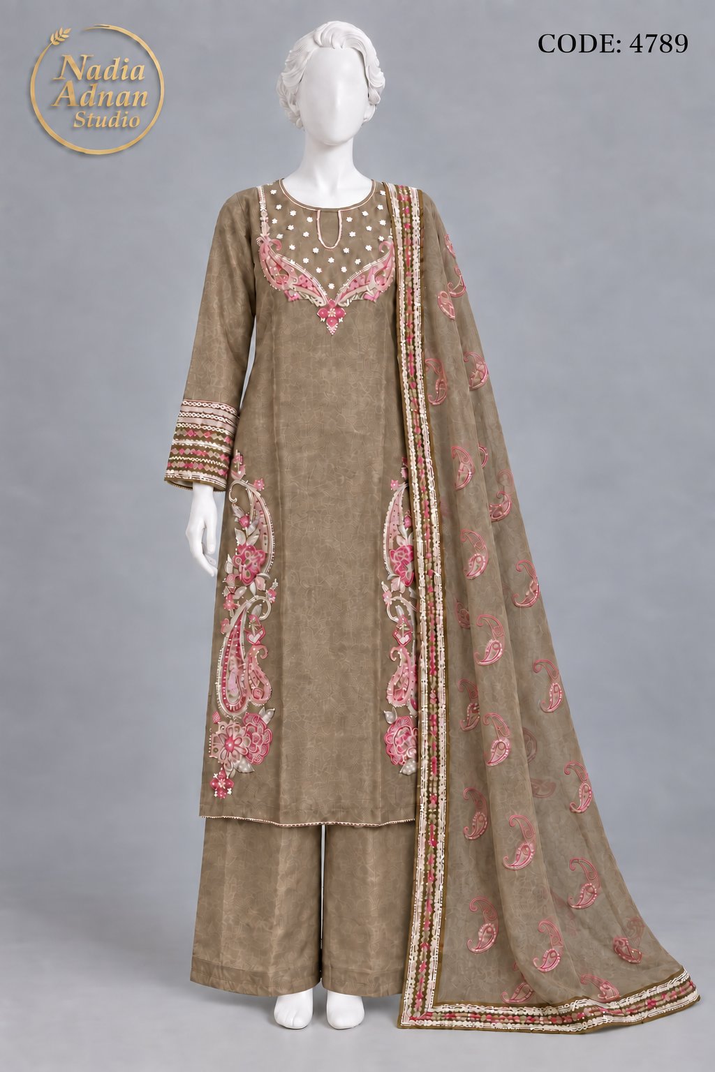 GOLDEN SILK SHIRT PLAZO SUIT -L front view - GOLDEN Silk Shirt Plazo Suit by Nadia Adnan Studio