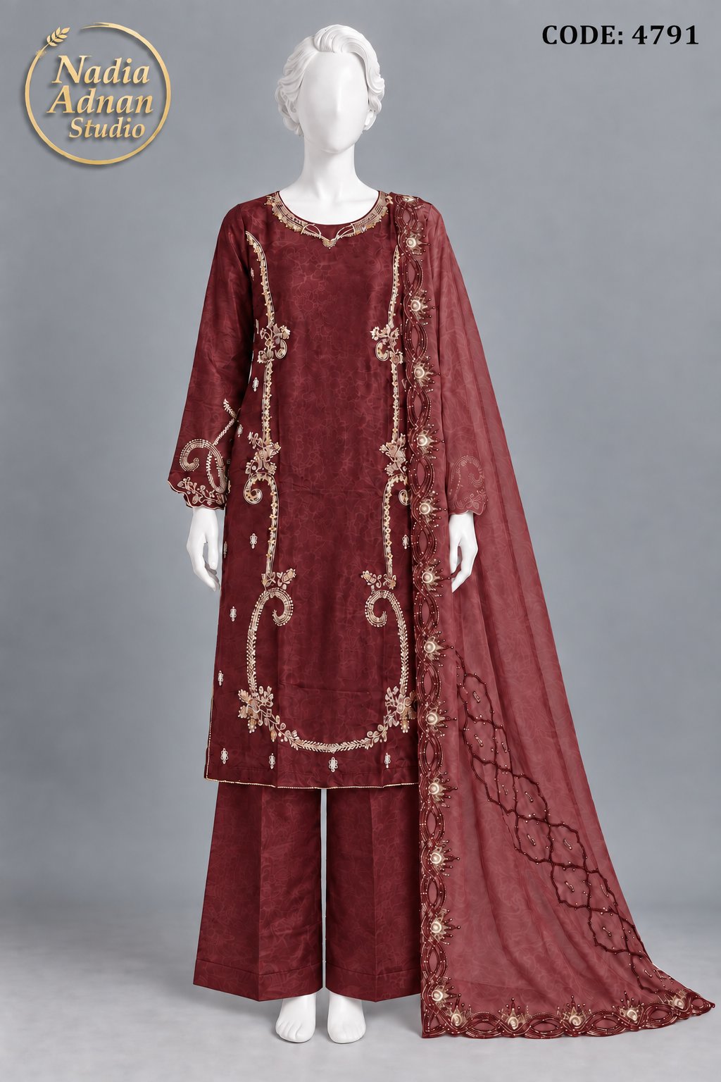 MRON SILK SHIRT PLAZO SUIT -M front view - MRON Silk Shirt Plazo Suit by Nadia Adnan Studio