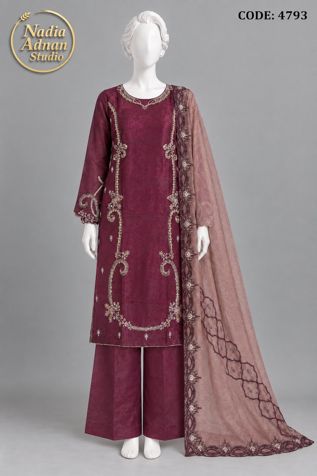 PURP SILK SHIRT PLAZO SUIT -L front view - PURP Silk Shirt Plazo Suit by Nadia Adnan Studio