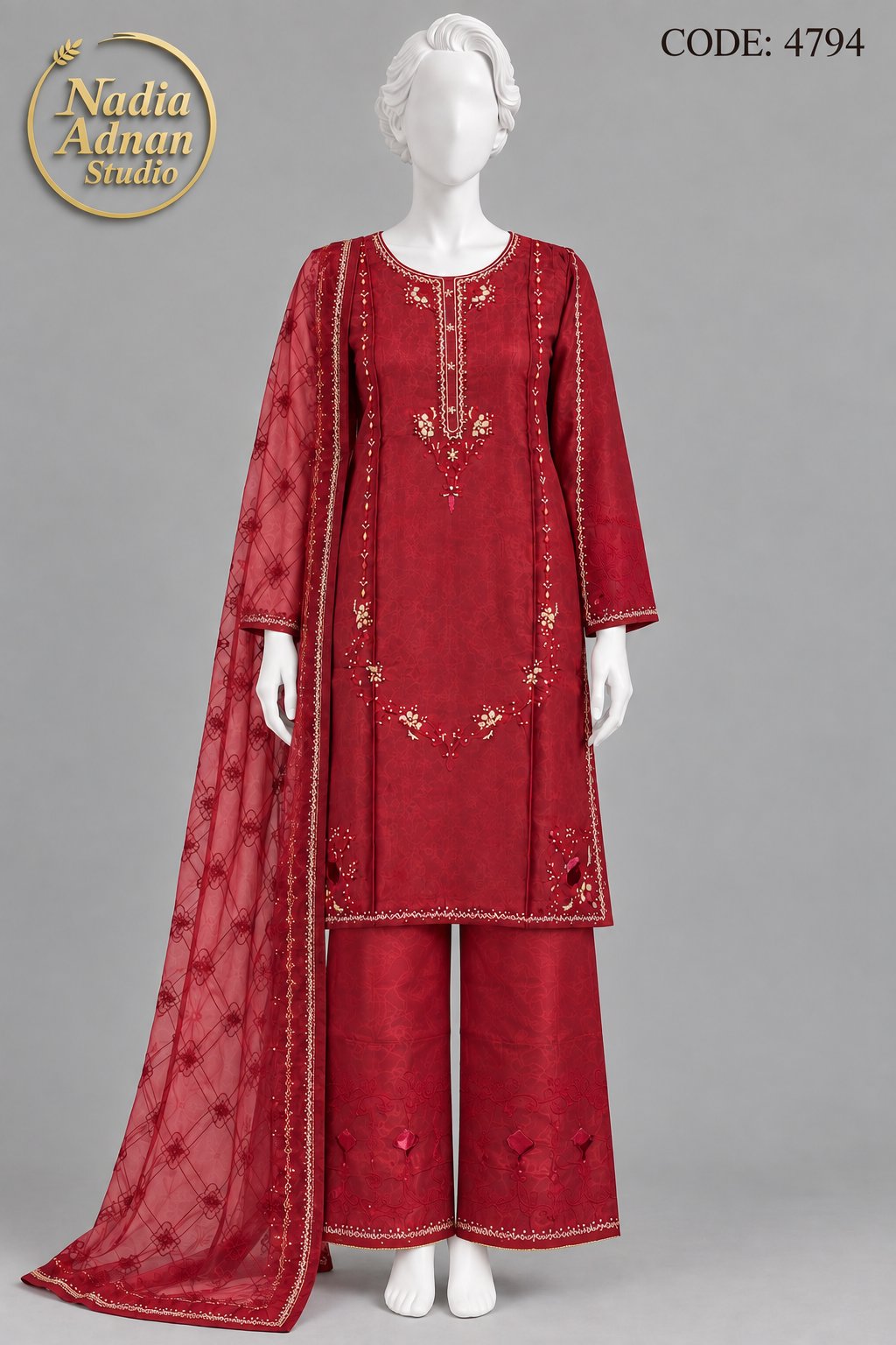 MRON SILK SHIRT PLAZO SUIT -M front view - MRON Silk Shirt Plazo Suit by Nadia Adnan Studio
