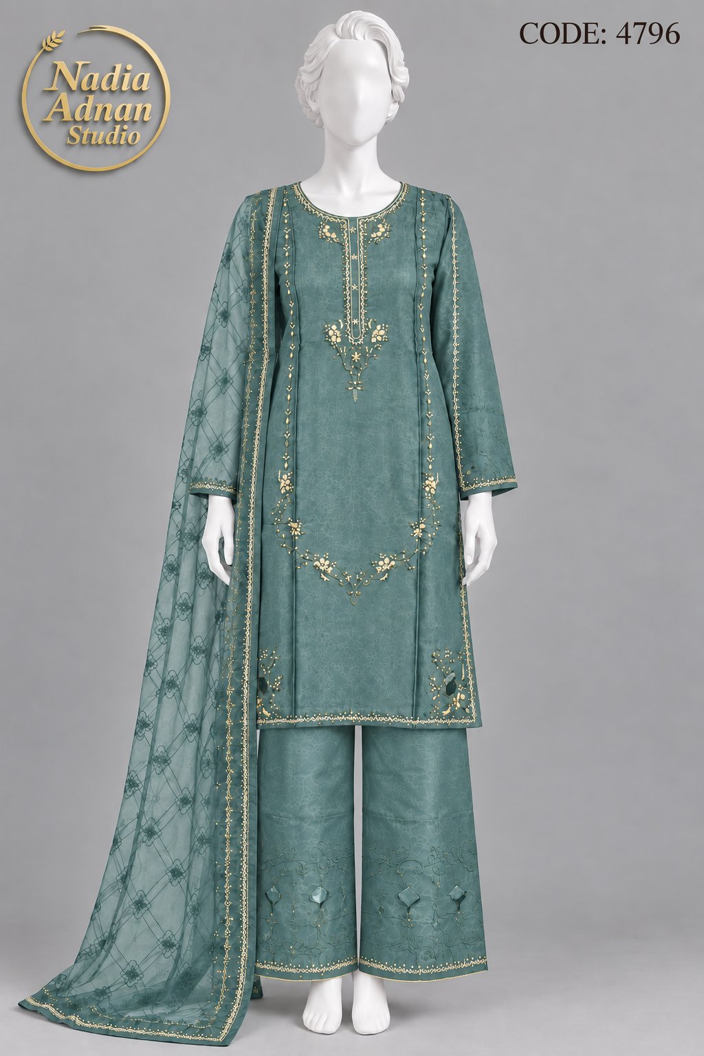 BLUE SILK SHIRT PLAZO SUIT -L front view - BLUE Silk Shirt Plazo Suit by Nadia Adnan Studio