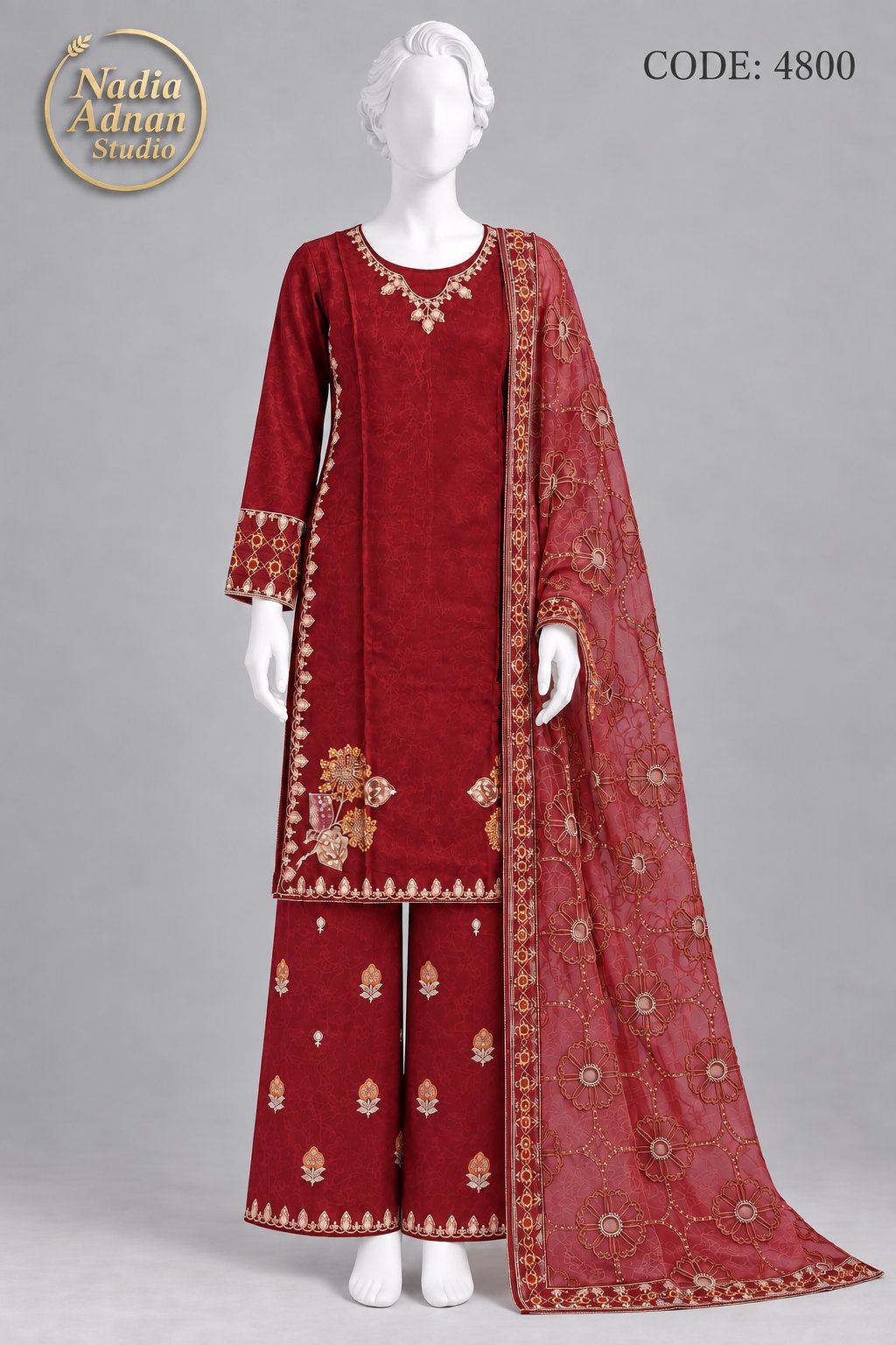 MRON SILK SHIRT PLAZO SUIT -M front view - MRON Silk Shirt Plazo Suit by Nadia Adnan Studio