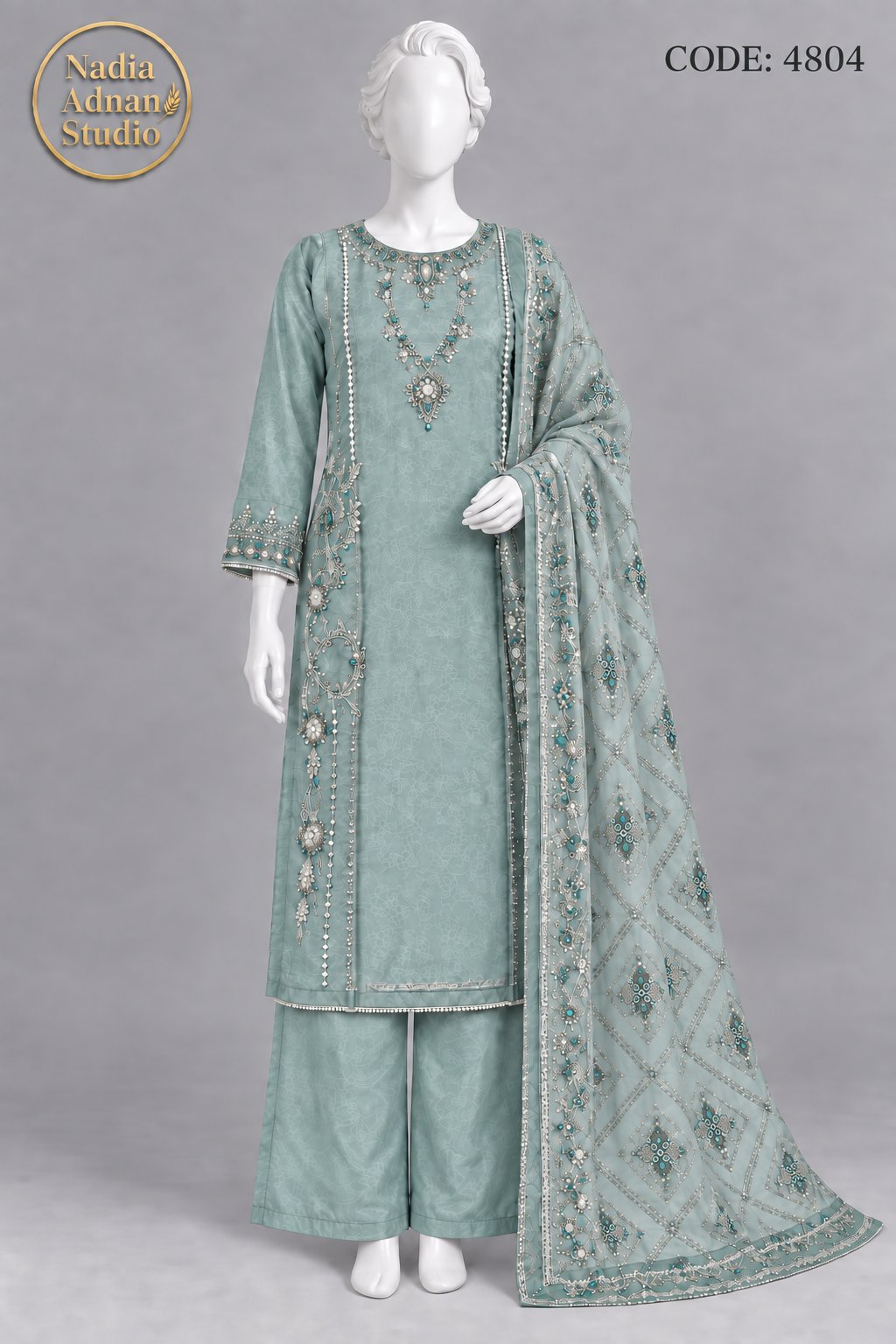 S BLUE SILK SHIRT PLAZO SUIT -M front view - S BLUE Silk Shirt Plazo Suit by Nadia Adnan Studio