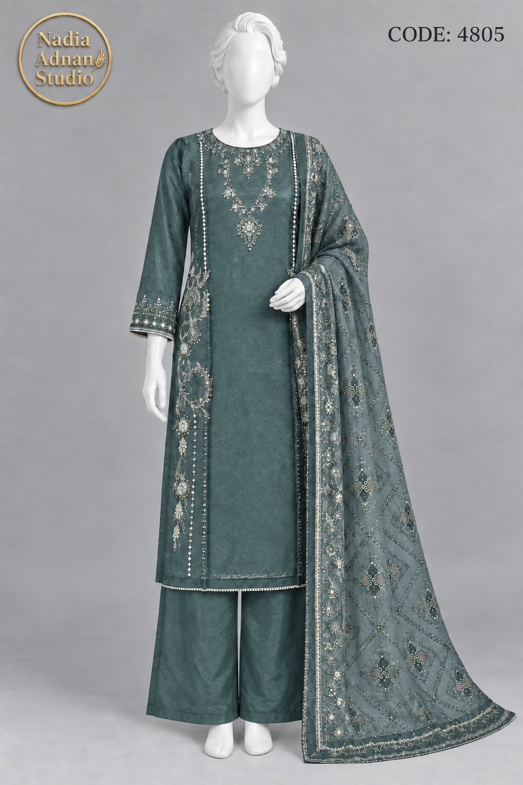 BLUE SILK SHIRT PLAZO SUIT -M front view - BLUE Silk Shirt Plazo Suit by Nadia Adnan Studio