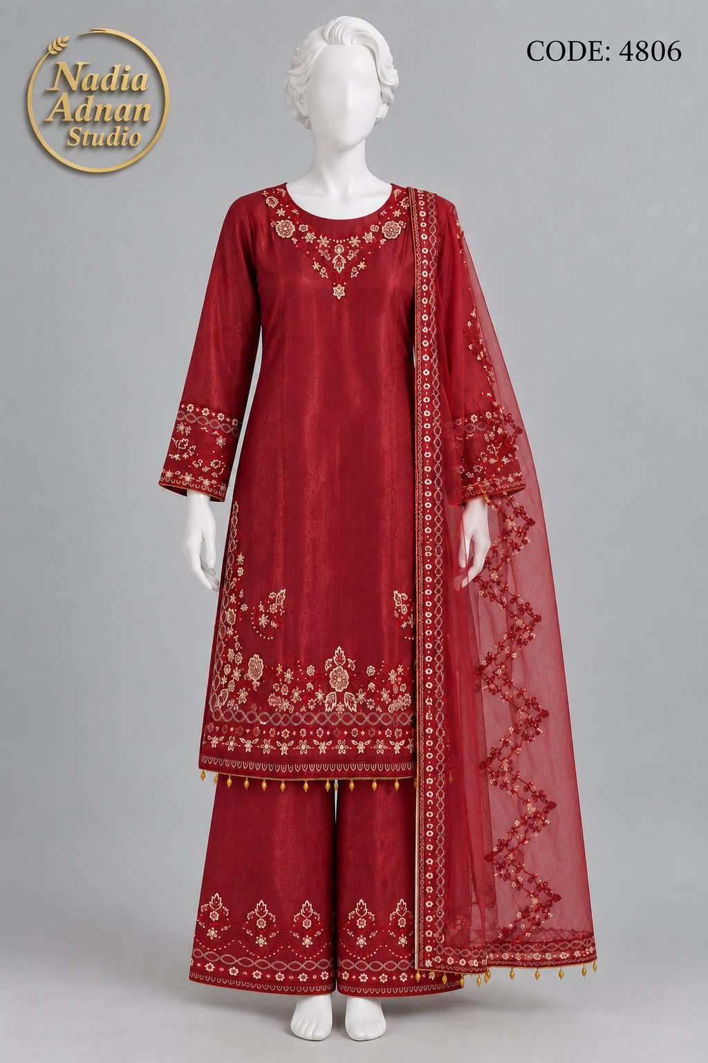 MRON SILK SHIRT PLAZO SUIT -L front view - MRON Silk Shirt Plazo Suit by Nadia Adnan Studio