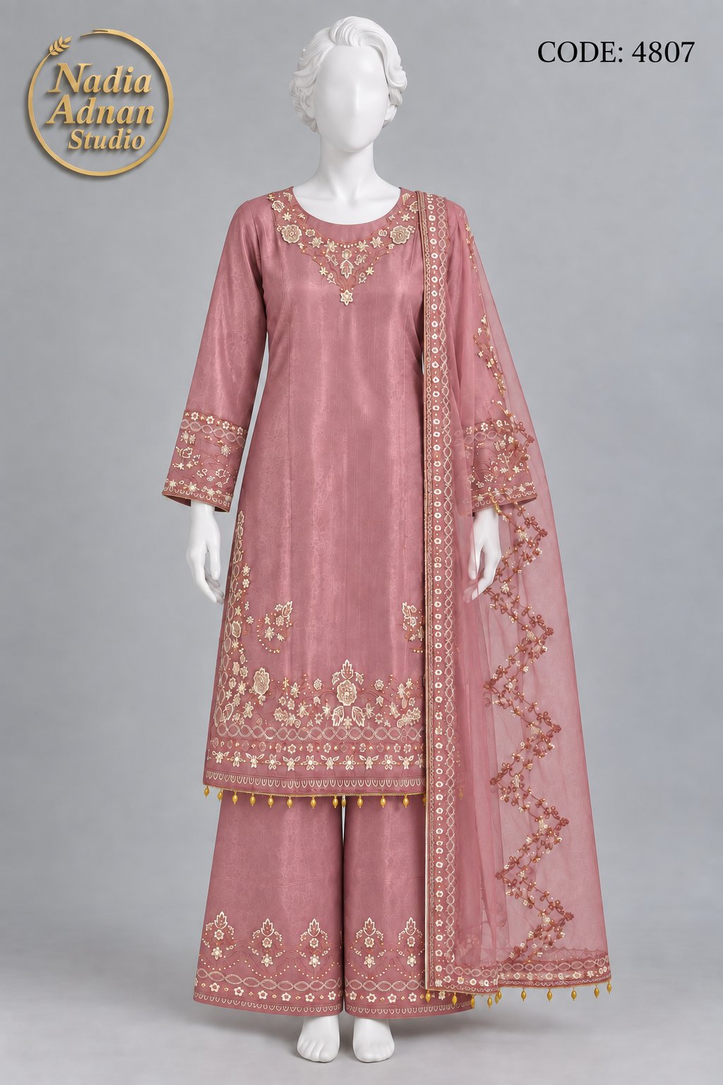 T PINK SILK SHIRT PLAZO SUIT -M front view - T PINK Silk Shirt Plazo Suit by Nadia Adnan Studio