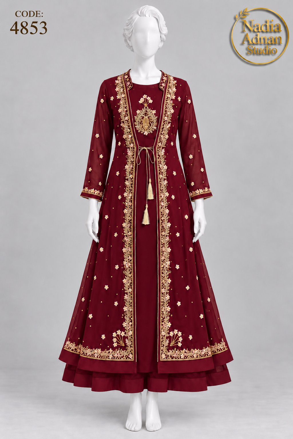 MAROON CHIFFON GOWN -M/L - pose 1 - Nadia Adnan Studio