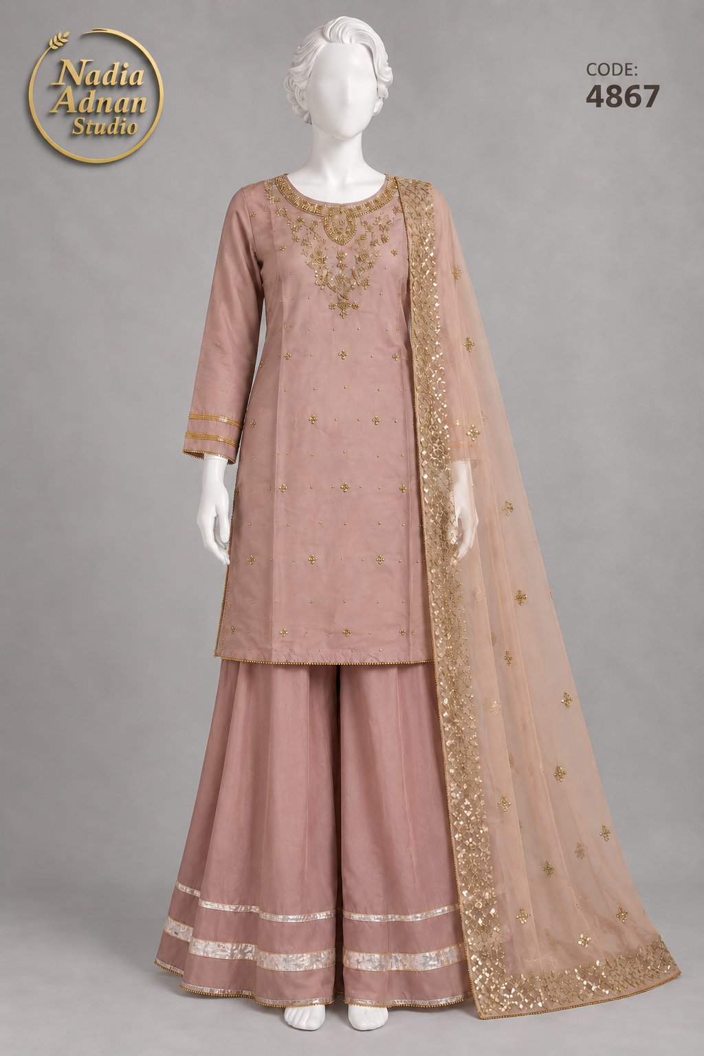 TEA PINK KATAN SHIRT PLAZO -L - pose 1 - Nadia Adnan Studio