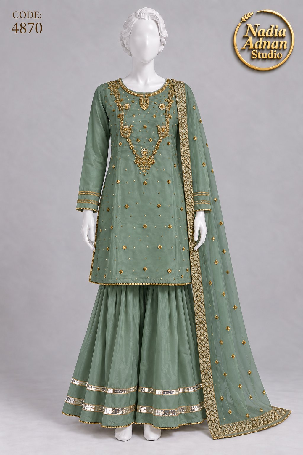 GREEN KATAN SHIRT PLAZO -L - pose 1 - Nadia Adnan Studio