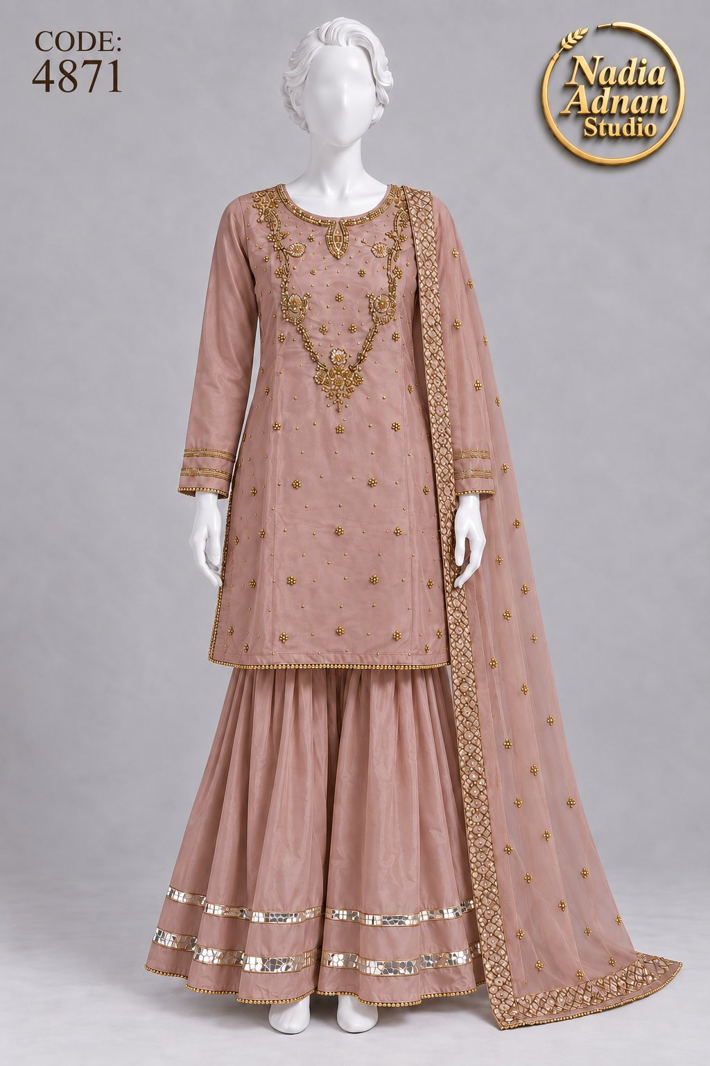 TEA PINK KATAN SHIRT PLAZO -L - pose 1 - Nadia Adnan Studio