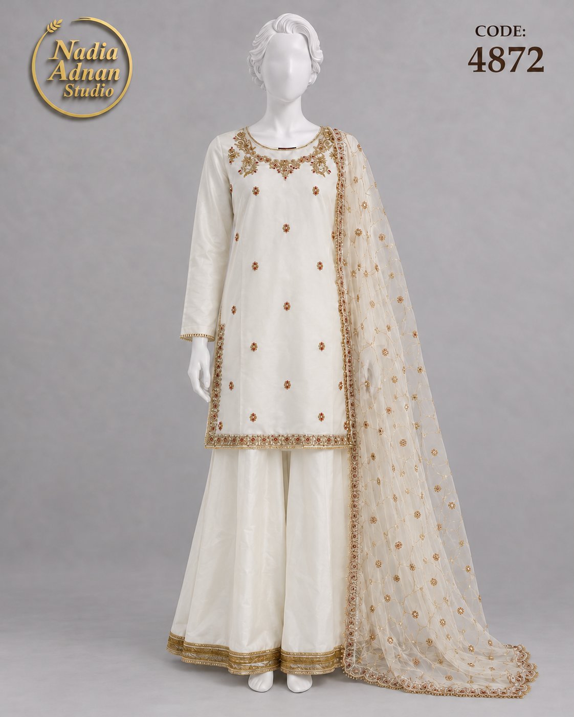 OFF WHITE KATAN SHIRT PLAZO -M/L - pose 1 - Nadia Adnan Studio