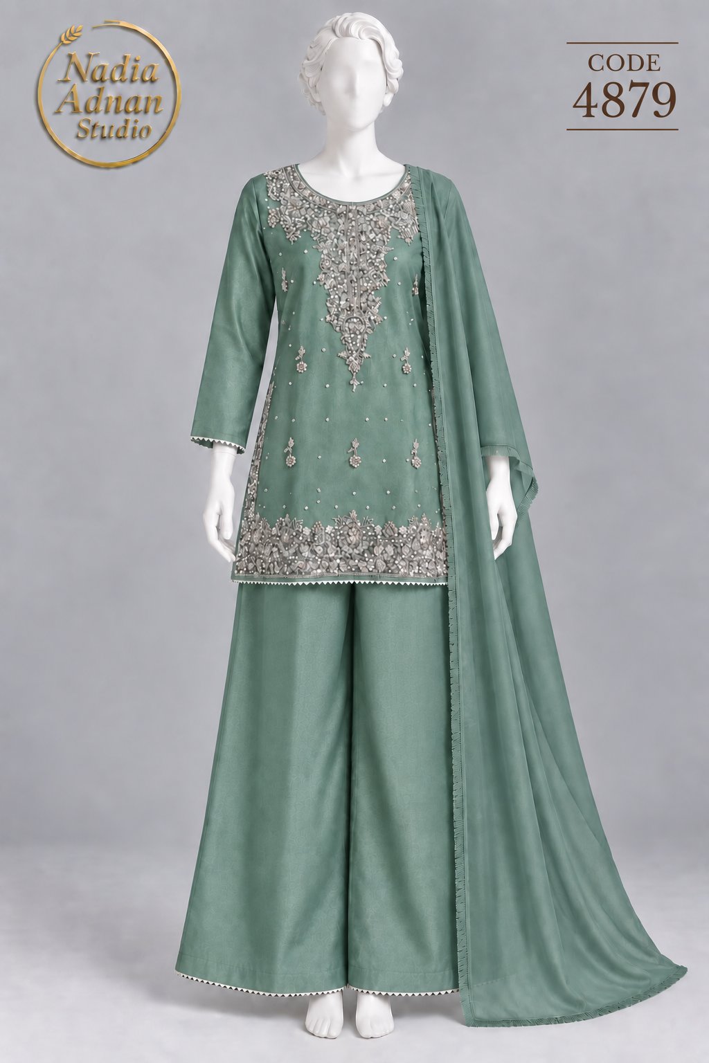 GREEN MISORI SHIRT PLAZO -L - pose 1 - Nadia Adnan Studio