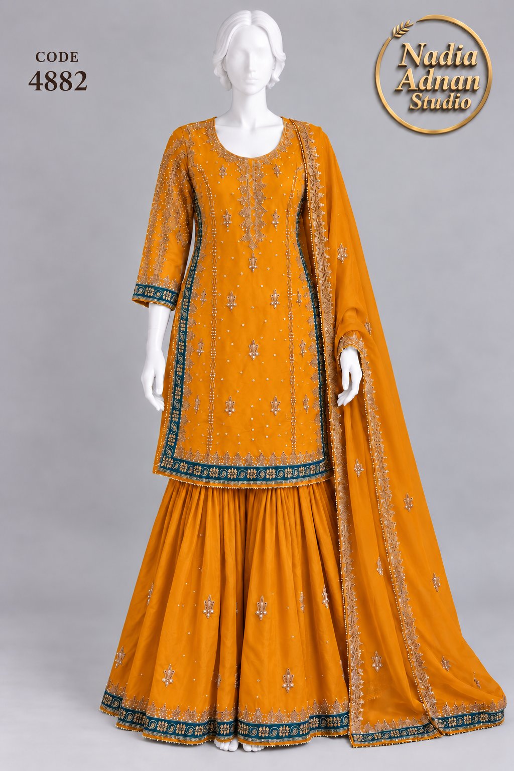 ORANGE ORGANZA SHIRT GHARARA -M/L - pose 1 - Nadia Adnan Studio