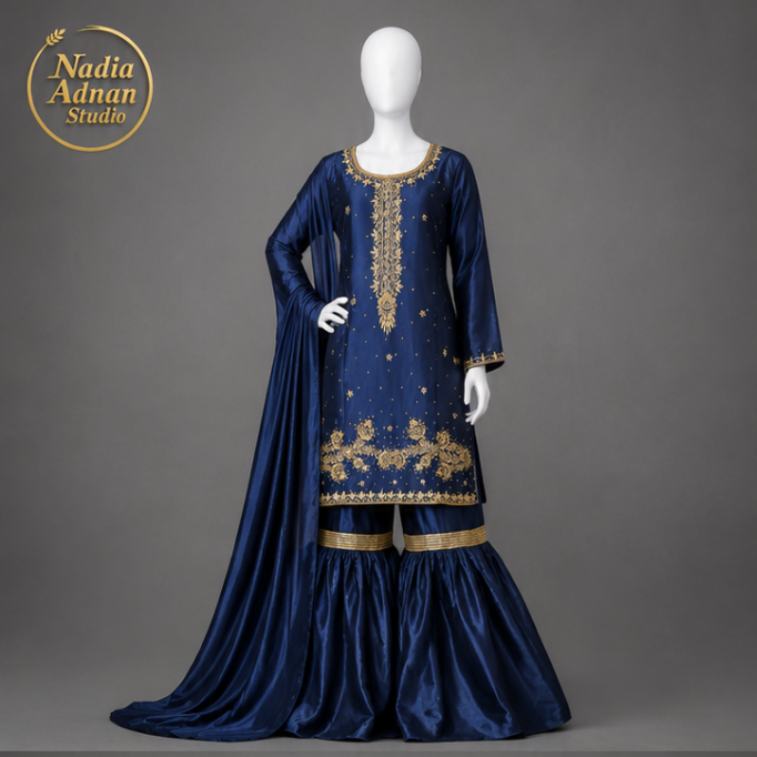 Nadia Adnan Studio Navy Blue Silk Shirt Gharara