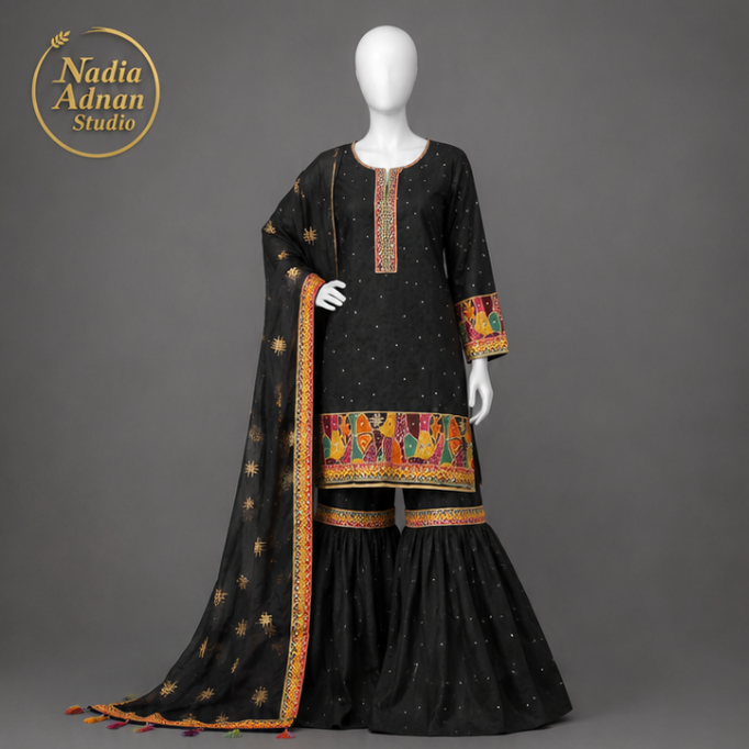 Nadia Adnan Studio Black Organza Shirt Gharara