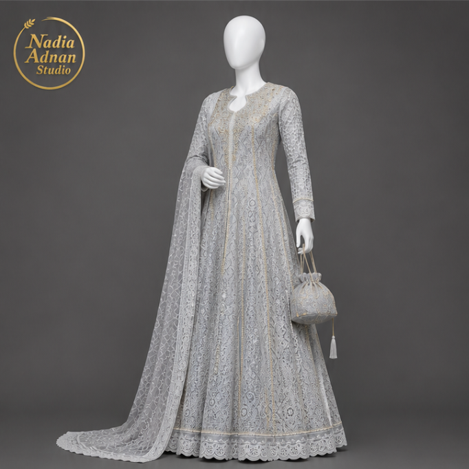 Nadia Adnan Studio Grey Net Pearl Maxi