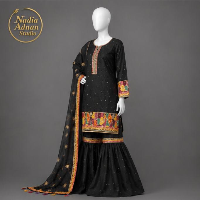 Nadia Adnan Studio Black Organza Shirt Gharara