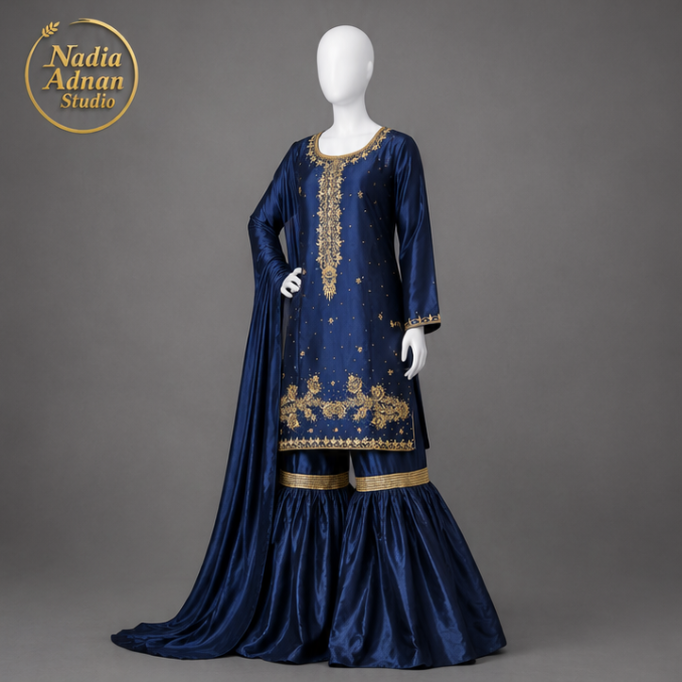 Nadia Adnan Studio Navy Blue Silk Shirt Gharara