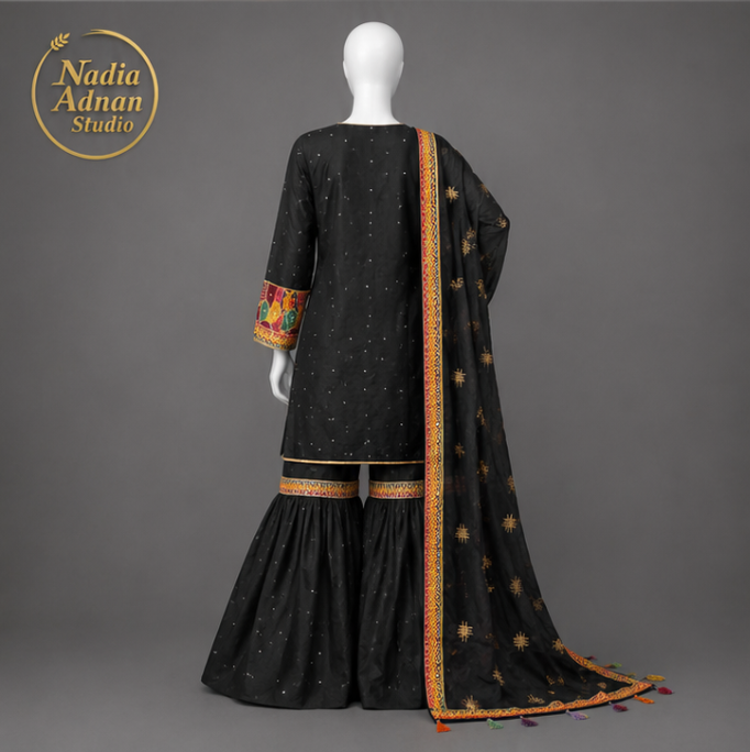 Nadia Adnan Studio Black Organza Shirt Gharara