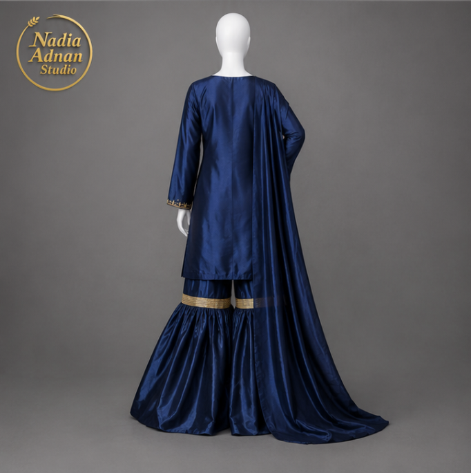 Nadia Adnan Studio Navy Blue Silk Shirt Gharara