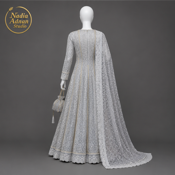 Nadia Adnan Studio Grey Net Pearl Maxi